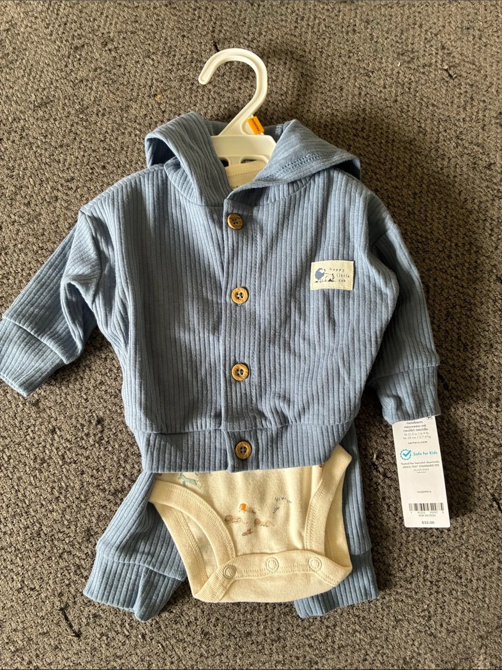 Blue Ribbed Hooded Baby Cardigan with Cream Bodysuit